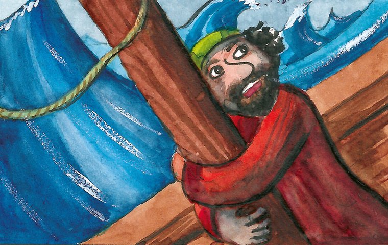 Wie Jona gerettet wird Jona erschrickt vor den Wellen.