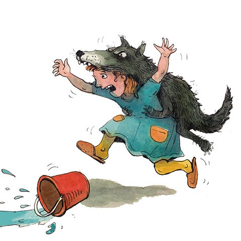 Der Wolfspelz Lena mit Wolfspelz und umgekipptem Wassereimer