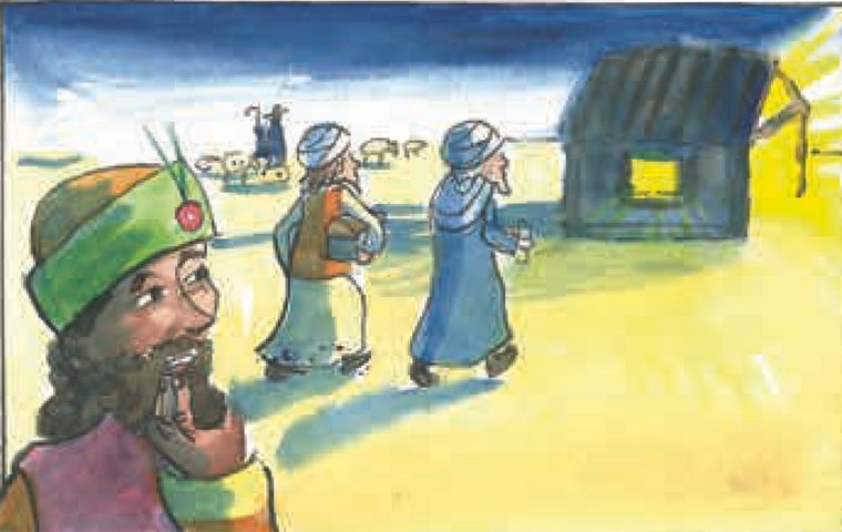 Die Drei Weisen vor leuchtendem Stall.