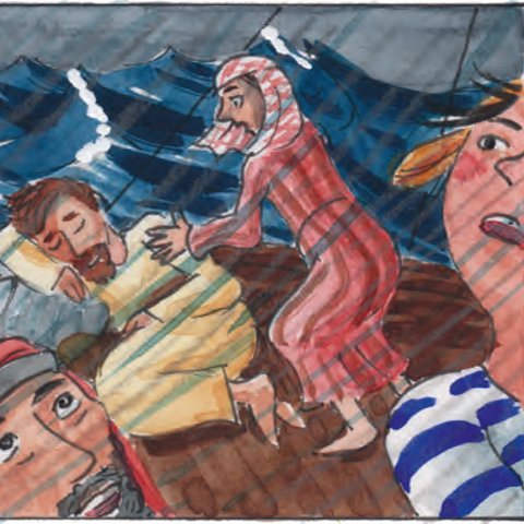 Fischer wecken Jesus im Sturm.