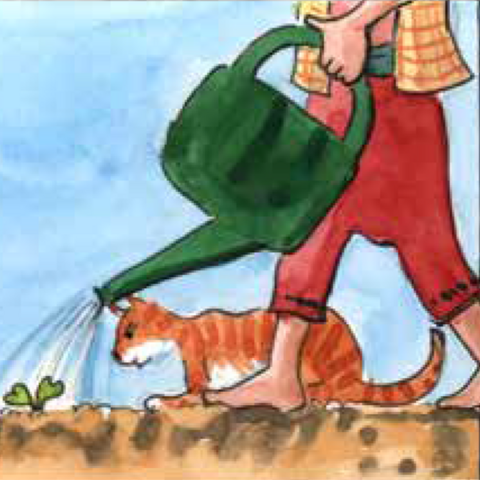 Junge mit grüner Gießkanne und rötlicher Katze.