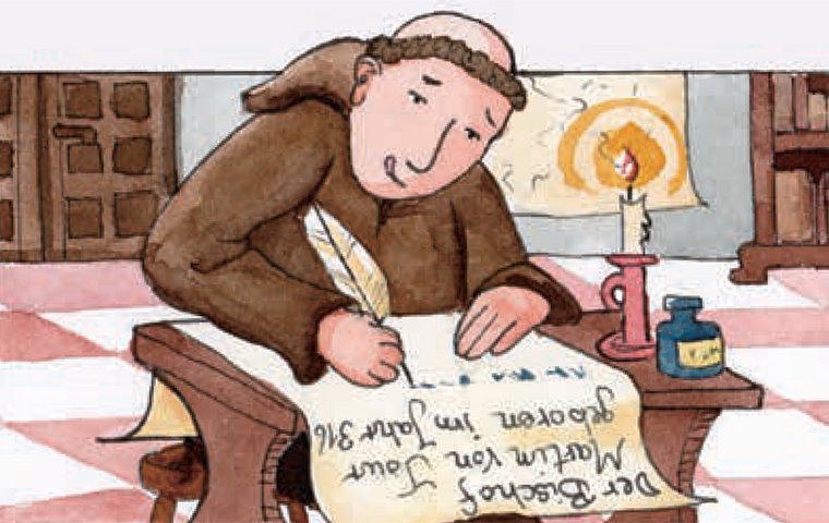 Martin in Mönchskutte schreibt mit Feder.