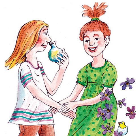 2 Mädchen mit duftender Ölflasche und Veilchenblüten
