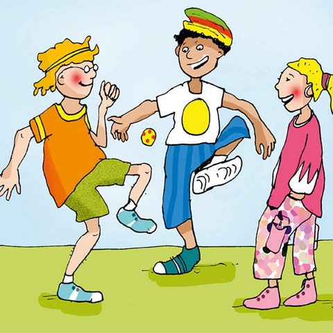 Drei bunt gekleidete Kinder kicken Footbag.
