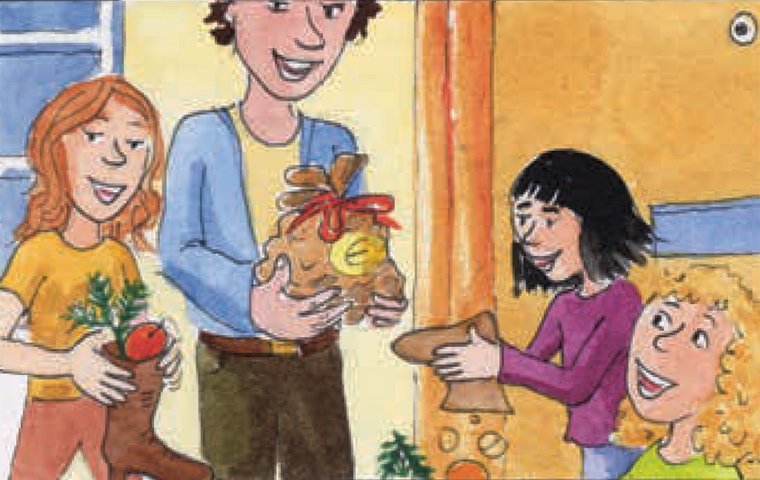 Vater und Töchter halten Geschenke und Geldsack in den Händen.