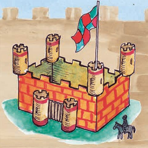 Orange-rote Pappburg mit rot-blauer Fahne