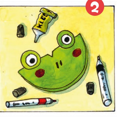Froschgesicht aus grünem Papier mit aufgeklebten Augen, 2 Stifte und Kleber