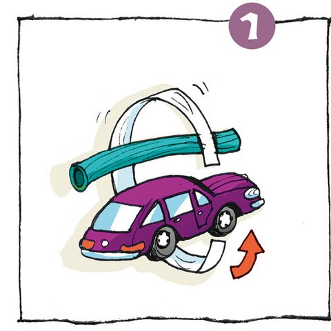 Violettes Spielzeugauto mit grünem Schlauchstück und Klebeband.
