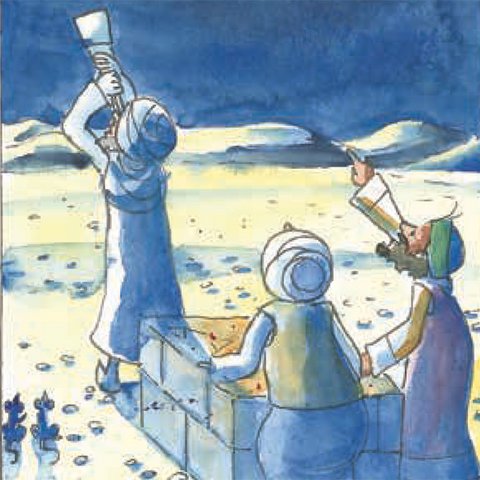 Einer von drei Sterndeutern schaut mit Fernglas zum Himmel. 