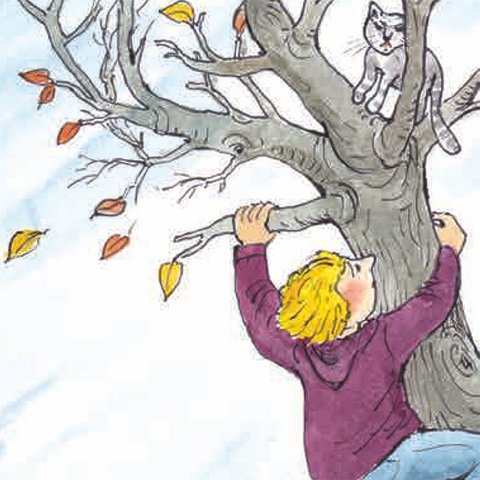 Nicklas klettert auf Baum zur Katze.