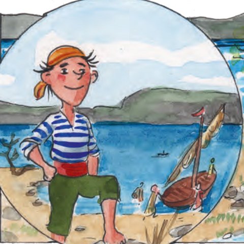 Schiffsjunge Andreas in blau-weißem Ringelshirt, grüner Hose am See Genezareth mit Boot.