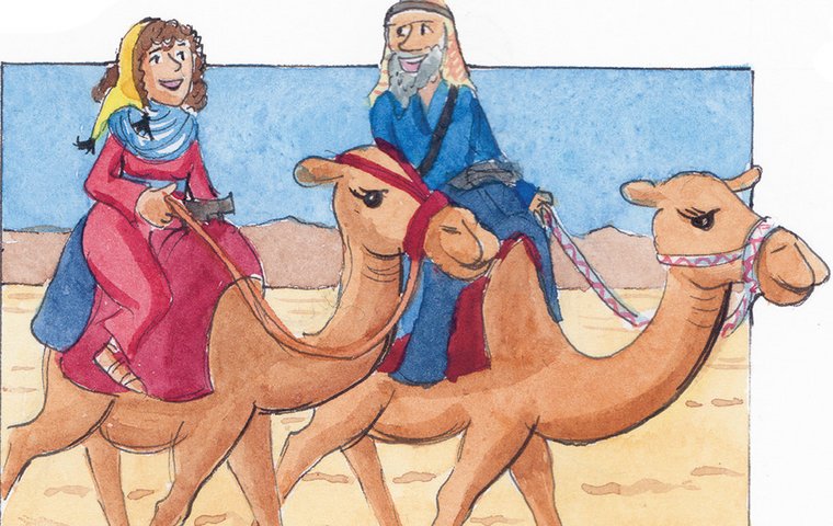 Sarah und Abraham reiten auf ihren Kamelen.
