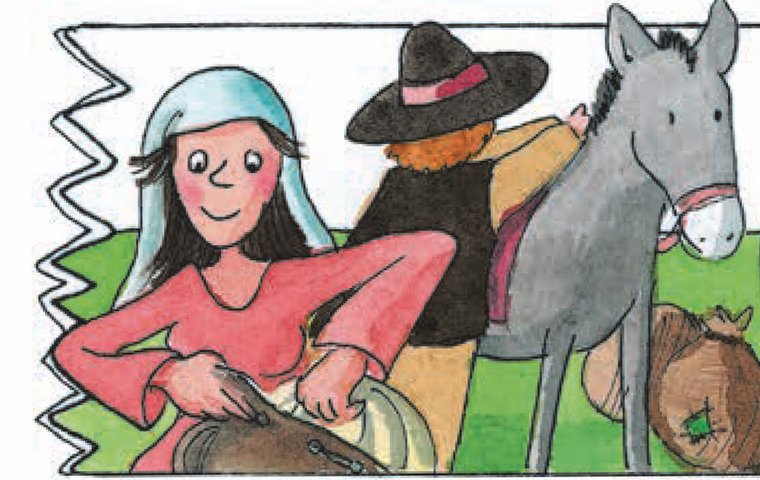 Maria und Josef mit Gepäck und Esel