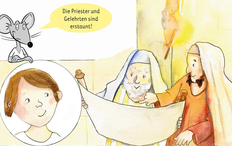Jesus zeigt, was er kann Jesus mit zwei Gelehrten mit Thora-Rolle