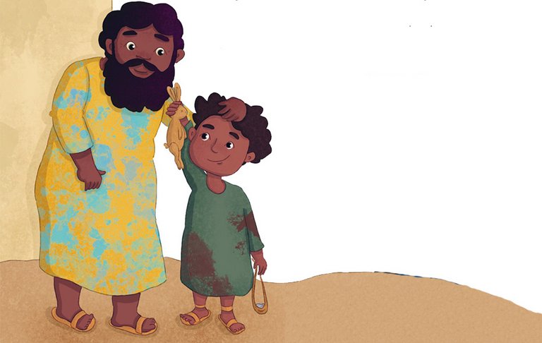 Bildausschnitt Isaak in langem gelben Gewand neben Esau mit Steinschleuder.