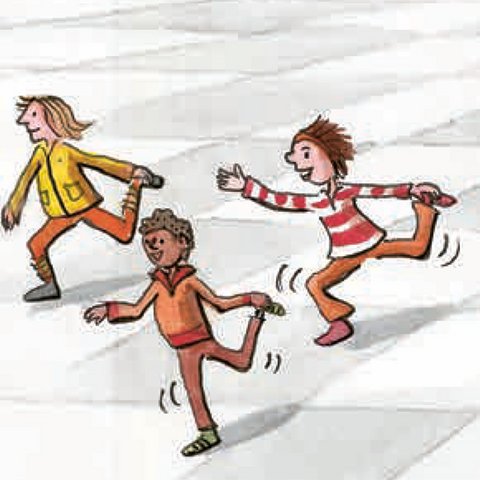 Drei Kinder halten sich beim Laufen Ferse fest.