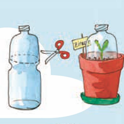 Aus Plastikflasche, Schere und Blumentopf mit Abdeckung aus Plastikflasche