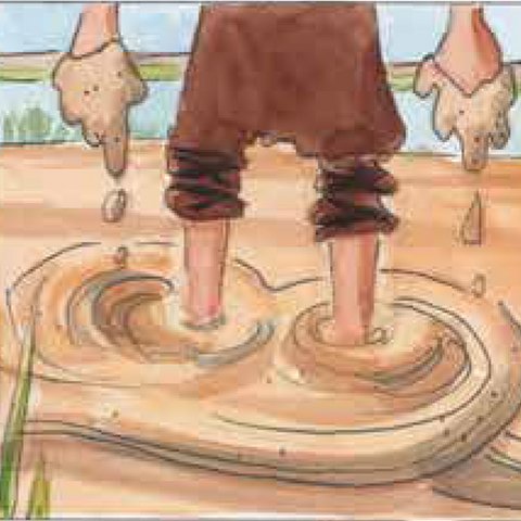 Füße und Hände im Lehm.