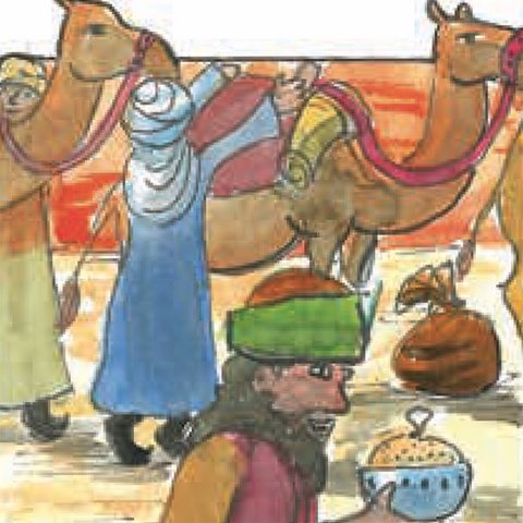 Sterndeuter bepacken Kamele.