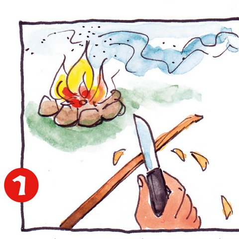 Spieß mit Messer schnitzen an Lagerfeuer.