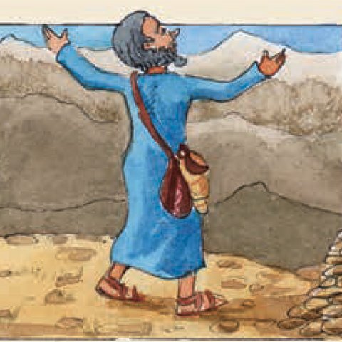 Elia betet in der Wüste mit ausgebreiteten Armen zu Gott