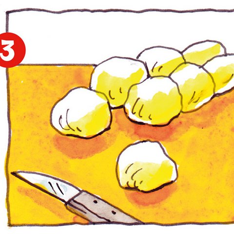 8 Teigkugeln und Küchenmesser