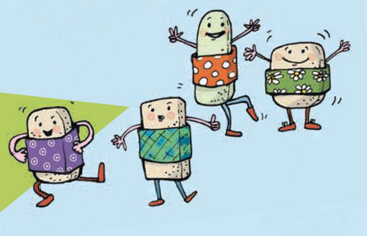 Bunt beklebte tanzende Radiergummi-Figuren