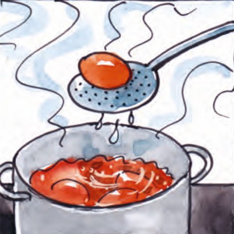 Ei mit Schöpfkelle aus kochendem Zwiebelsud nehmen.