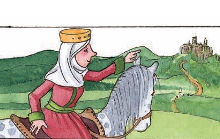 Elisabeth in rotem Kleid reitet auf weißem Pferd zur Wartburg.