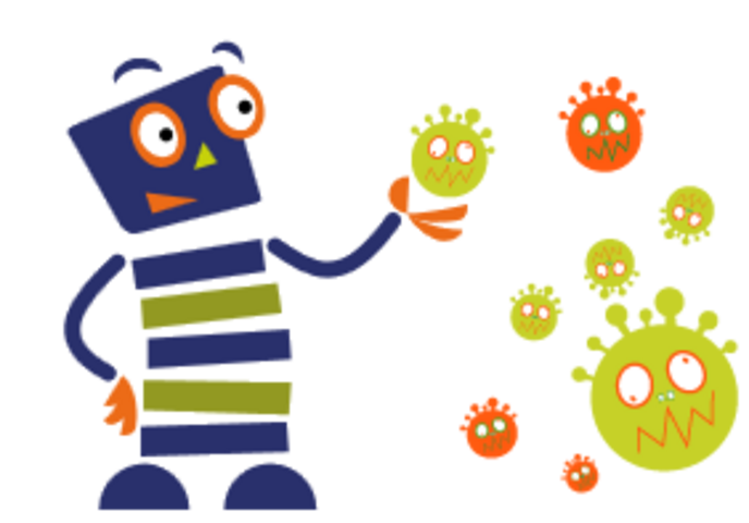 Maskottchen Starky mit Corona-Viren
