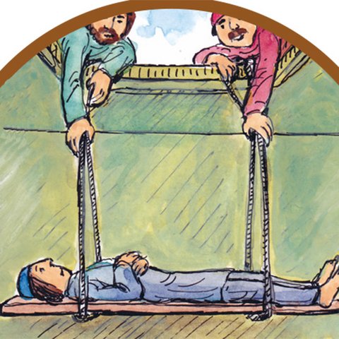 Biblische Freunde Freunde seilen kranken Mann durch Dachluke ab
