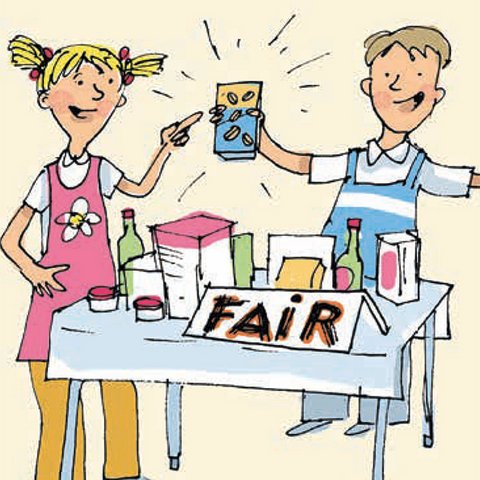 Zwei Kinder verkaufen an Stand faire Produkte.