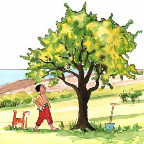 Junge mit Katze unter Baum.