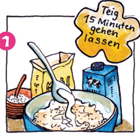 Mit Löffel Milch zu Backzutaten in blauer Schüssel geben.