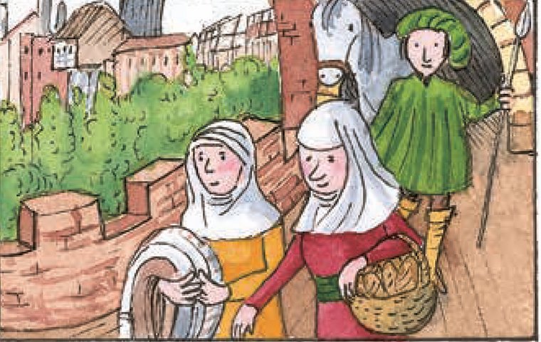 Elisabeth mit Brotkorb und Helferin mit Decken vor Burgtor 