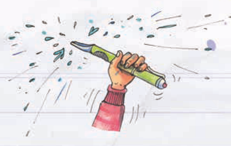 Hand schüttelt Füller und Tinte spritzt herum.