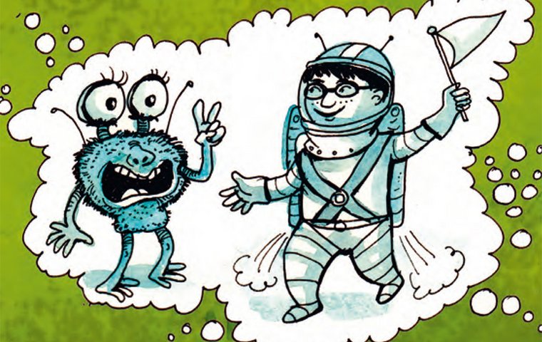 Gedankenwolke mit Austronaut und kleinem grünen Männchen