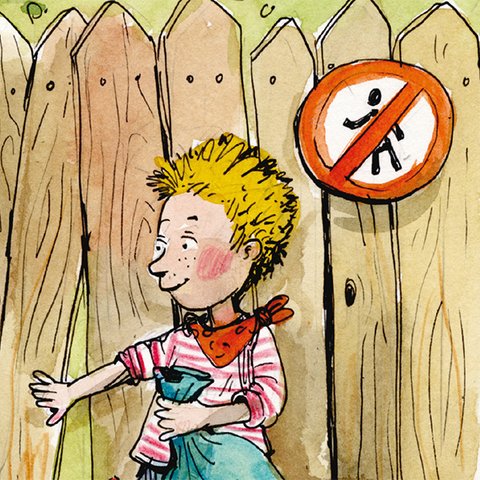 Kind vor Bretterzaun mit Betreten-Verboten-Schild