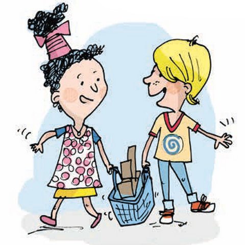 Mia und Luca tragen Tasche mit Schokoladentafeln.