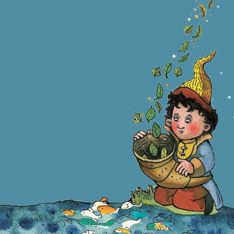 Junge kniet an Wasser mit Fischen und hält goldenes Horn aus dem grüne Blätter fliegen.