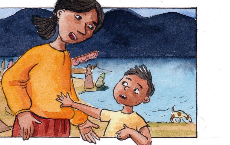 Jesus macht alle satt Mädchen und Junge abends am See.