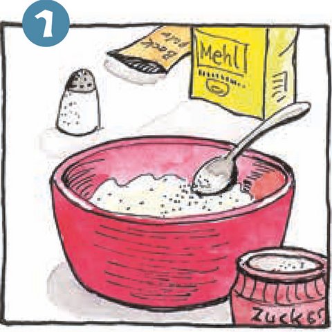 Rote Rührschüssel mit Mehl, Salzstreuer, Zuckerdose, Mehl- und Backpulverpackung