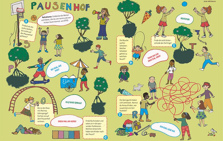 Wimmelbild mit Rätseln mit Überschrift PAUSENHOF