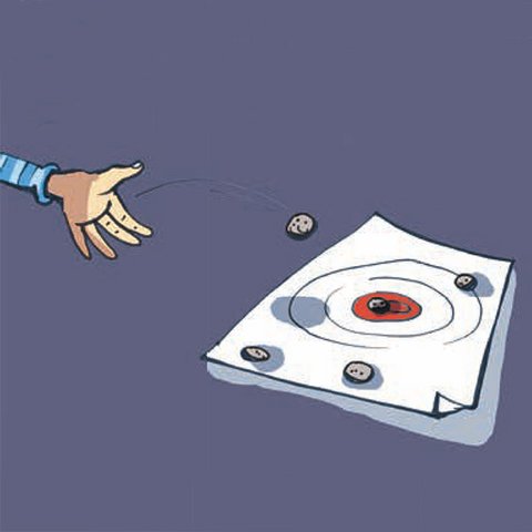 Steine auf Papier mit Zielscheibe werfen.