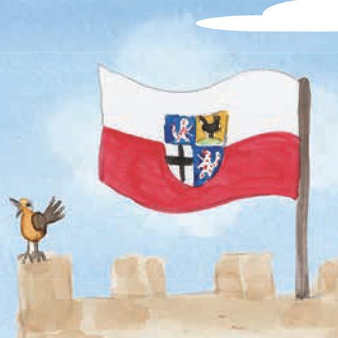 Weiß-rote Fahne mit Wappen auf Burgmauer