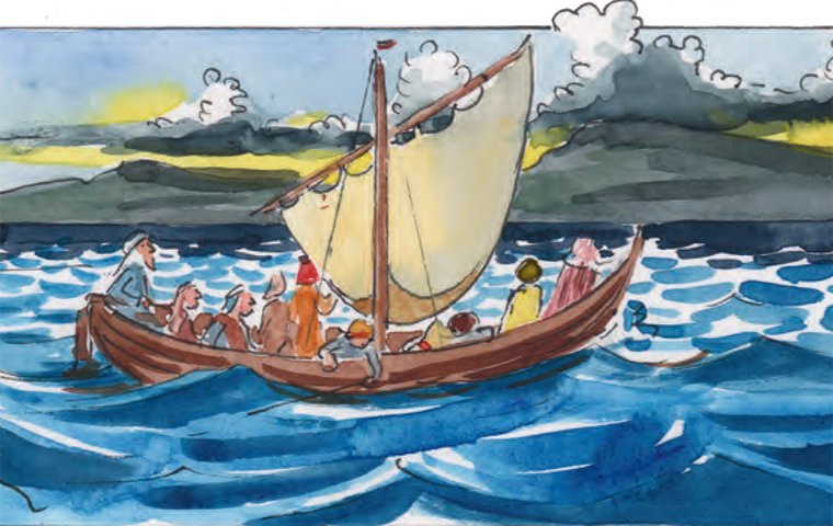 Segelboot auf See mit Wellen.