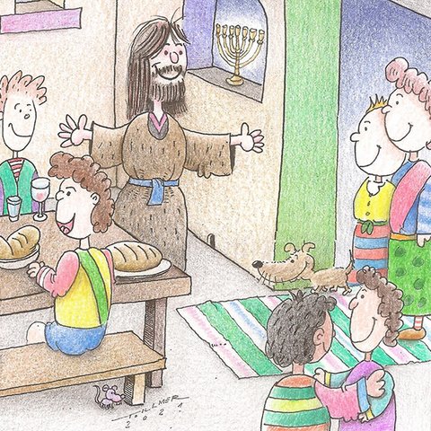 Jessus empfängt zwei Frauen an Tür.