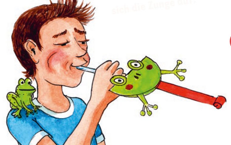 Kind in blauem Shirt mit Frosch auf Schulter pustet Partyfrosch auf