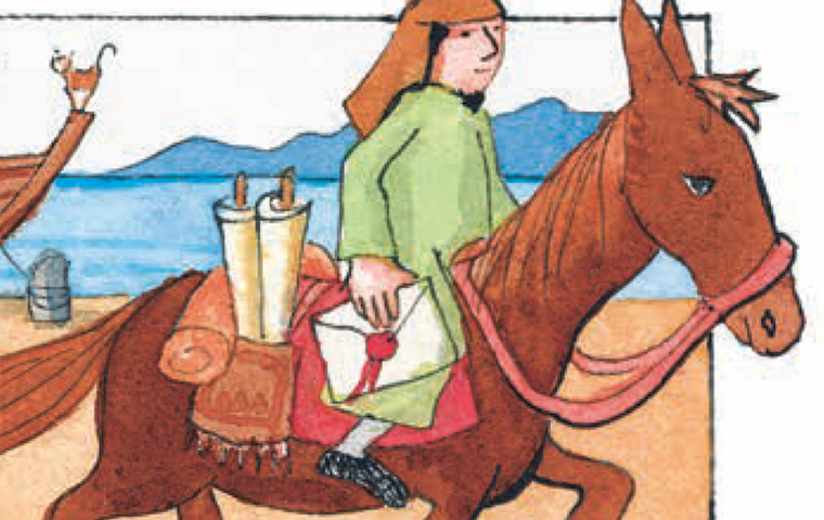 Bote mit Brief auf Pferd