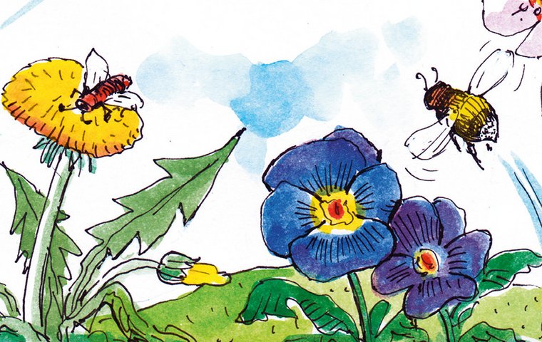 Mein Abenteuer als Biene Hummel mit Stiefmütterchen und Biene auf Löwenzahn